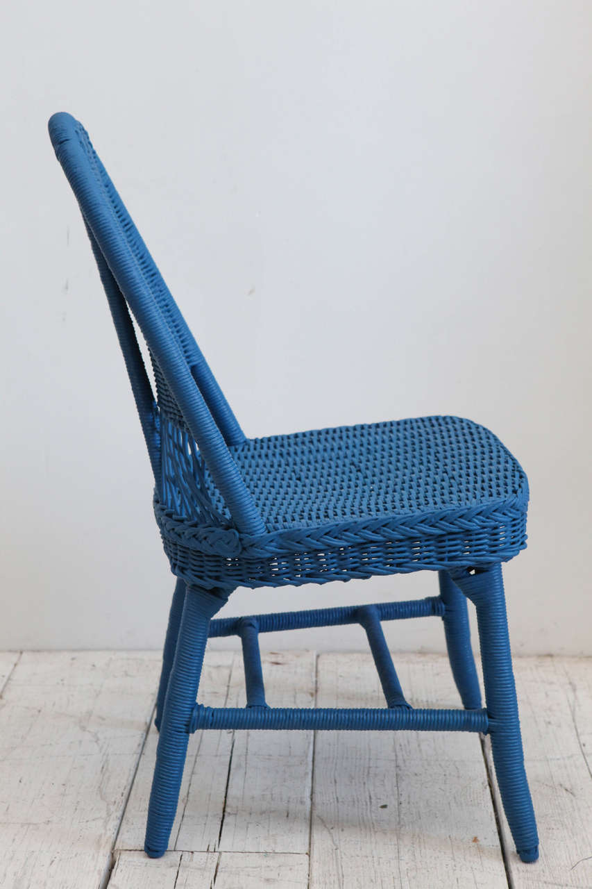 Set of Four Cobalt Blue Wicker Dining Chairs In Excellent Condition In Los Angeles, CA