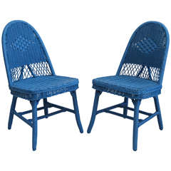 Set of Four Cobalt Blue Wicker Dining Chairs