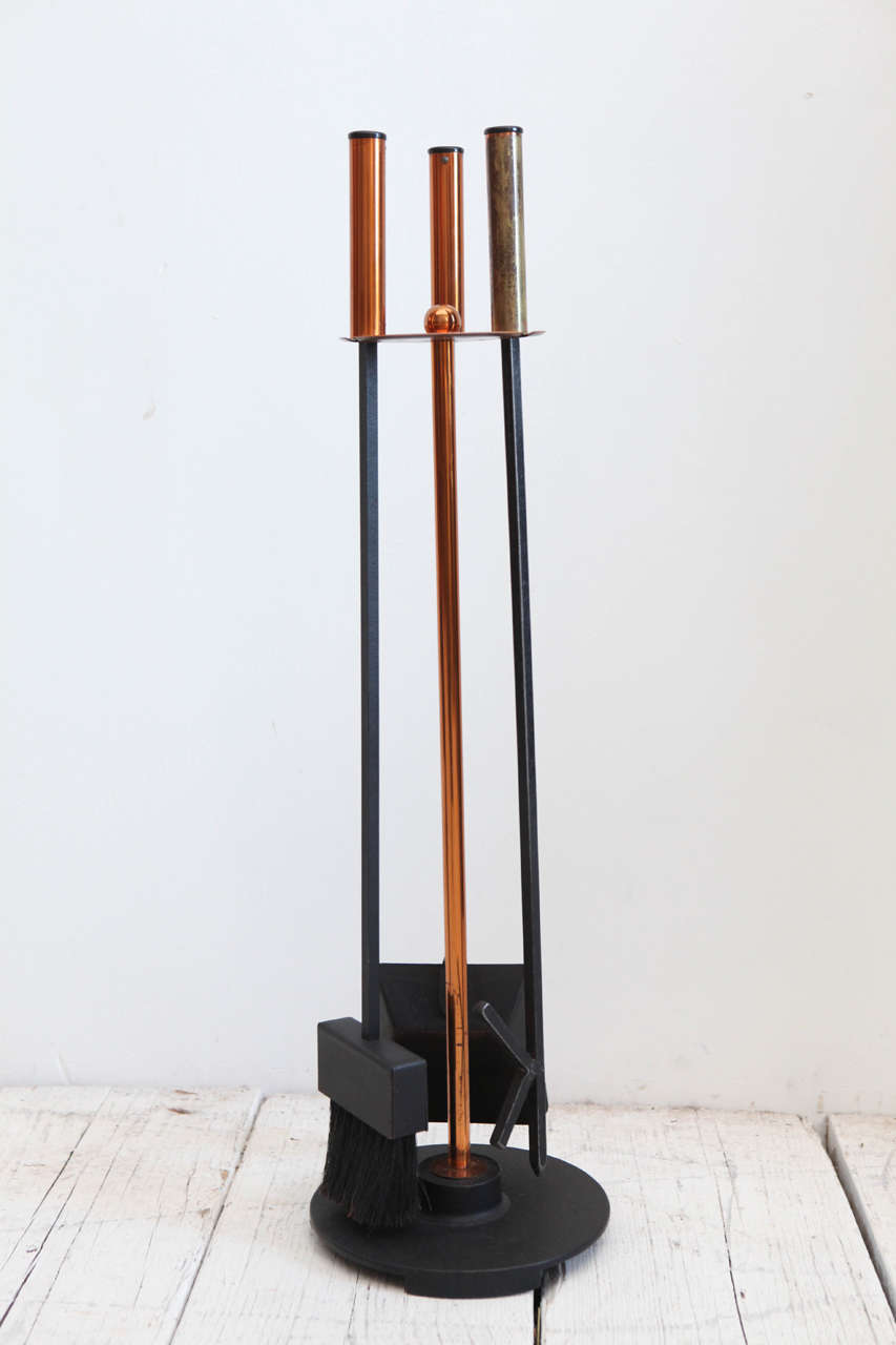 Modern Copper and Iron Fireplace Tools and Wood Carrier