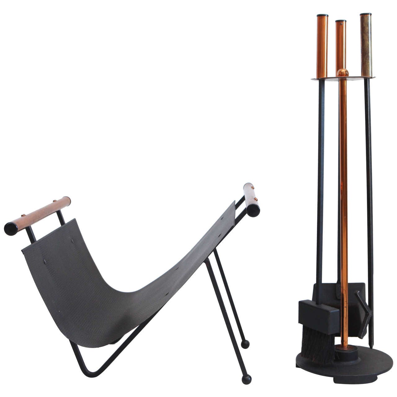 View this item and discover similar fireplace tools and chimney pots for sale at 1stdibs - Modern Art Deco style fireplace tool set and wood rack.  Tool set measures: 9
