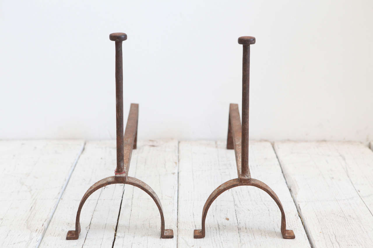 Rustic Vintage French Small Post Iron Andirons