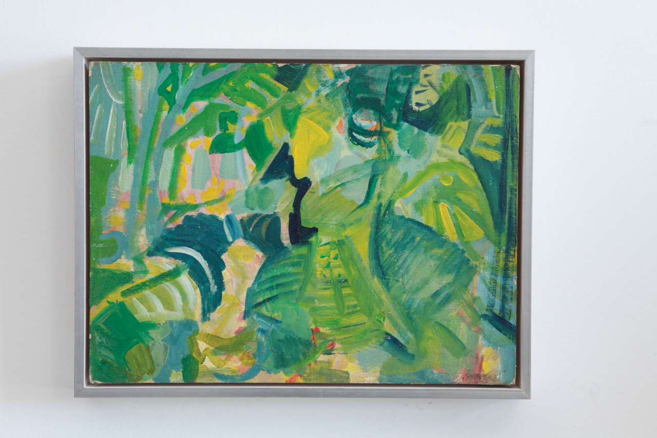 Verdant scene in abstract form. Newly framed in silver brushed floating frame.