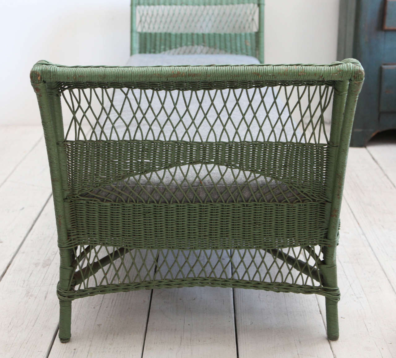 Mid-20th Century Green Wicker Daybed with Reverse Denim Cushion