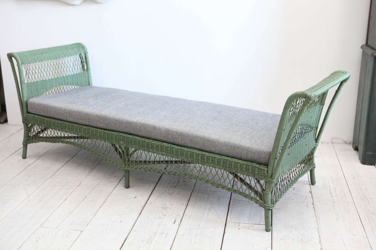 Green Wicker Daybed with Reverse Denim Cushion at 1stDibs