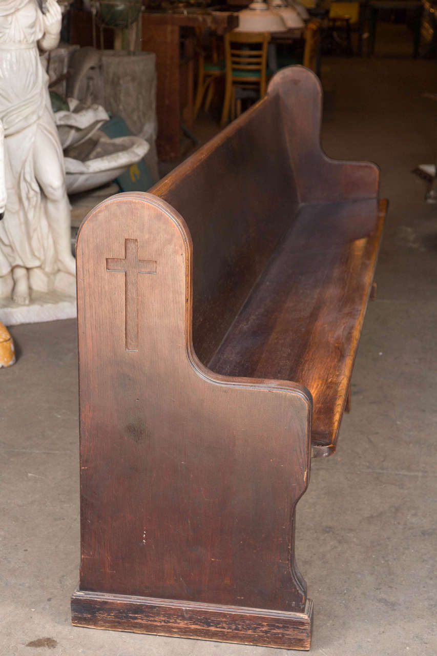 Antique Oak Church Pew with Carved Cross 1