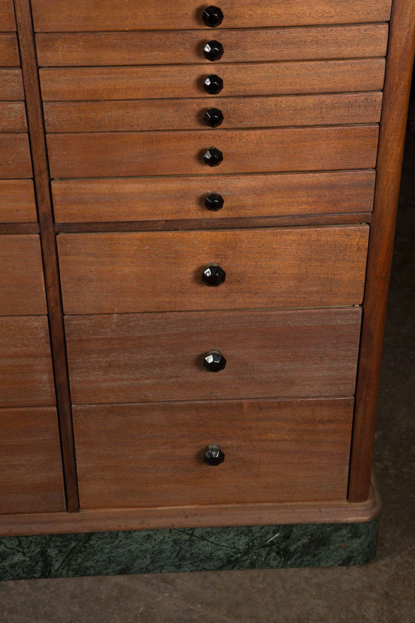 Industrial 1920s Wooden Dental Cabinet with Textured Glass and Black Pulls