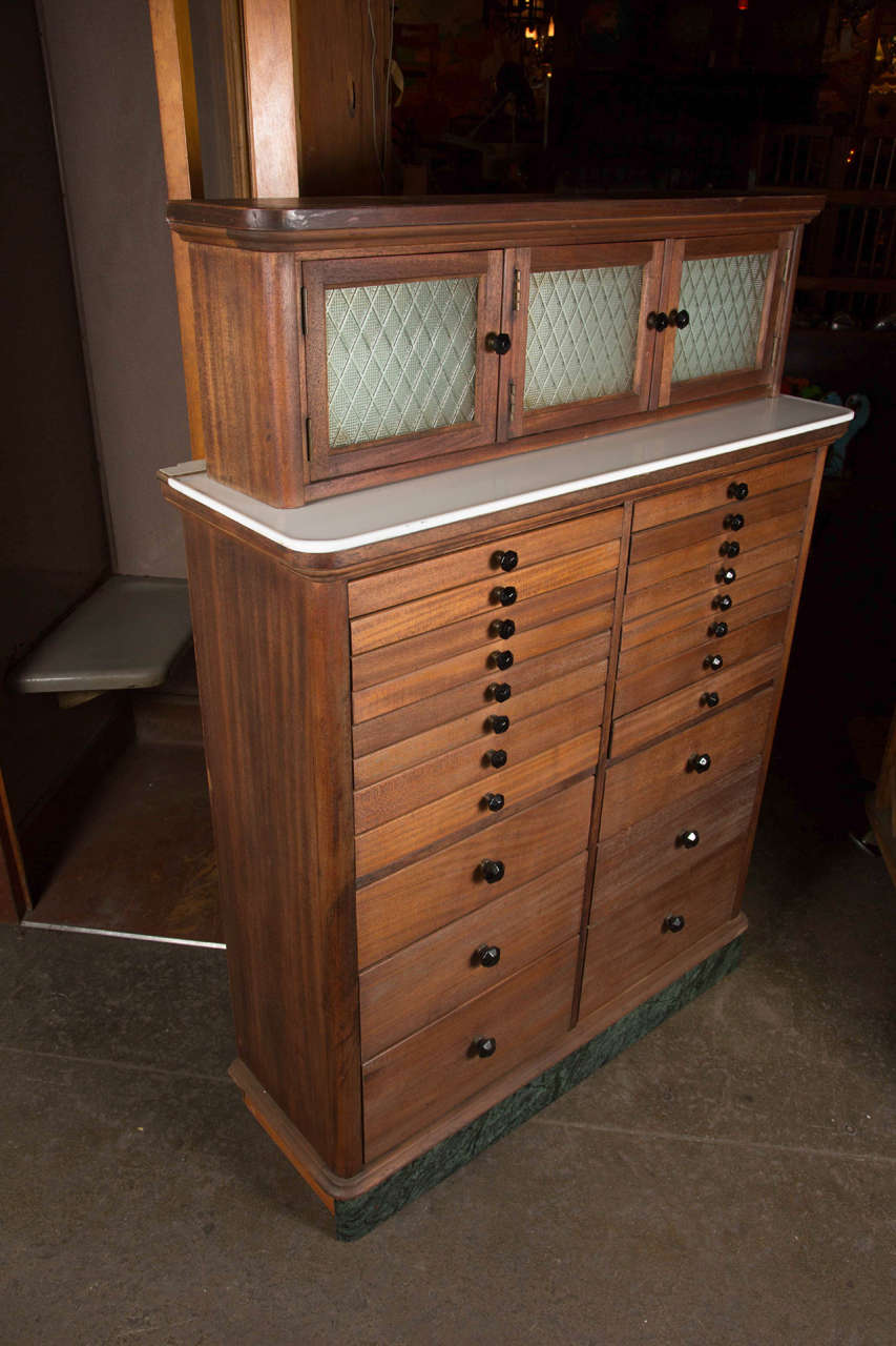 1920s Wooden Dental Cabinet with Textured Glass and Black Pulls 2