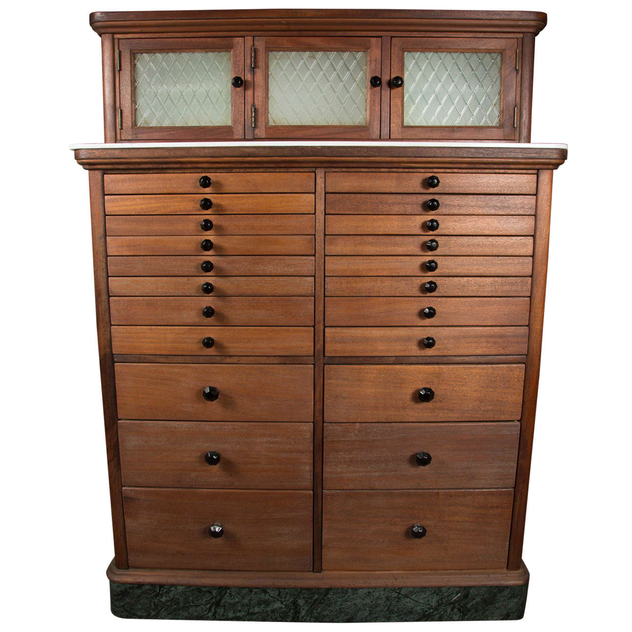 1920s Wooden Dental Cabinet with Textured Glass and Black Pulls