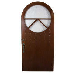 1920s Solid Wood Carved Arched Top Door with Original Decorative Hardware 4