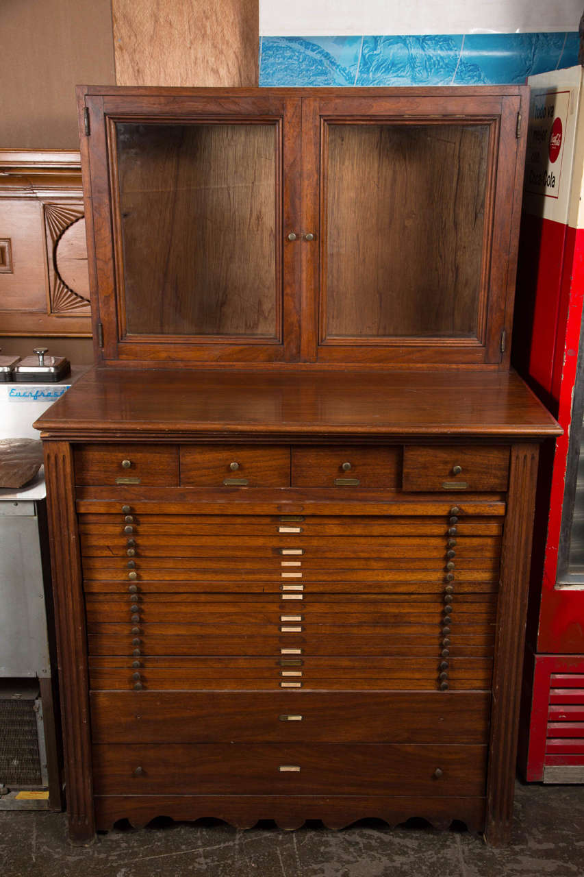 This is a wooden map cabinet with two glass swing open doors, original brass pulls and drawer label holders. Features numerous map and art storage drawers. This can be seen at our 1800 South Grand Ave store in downtown LA.