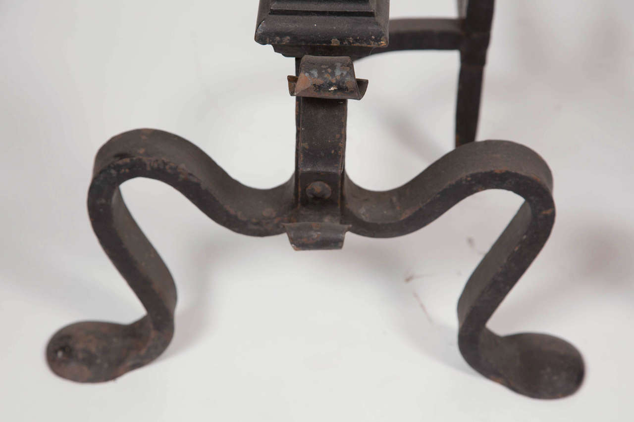 1890s Pair of Twisted Riveted Wrought Iron Andirons with Mug Holder Tops In Excellent Condition In Los Angeles, CA