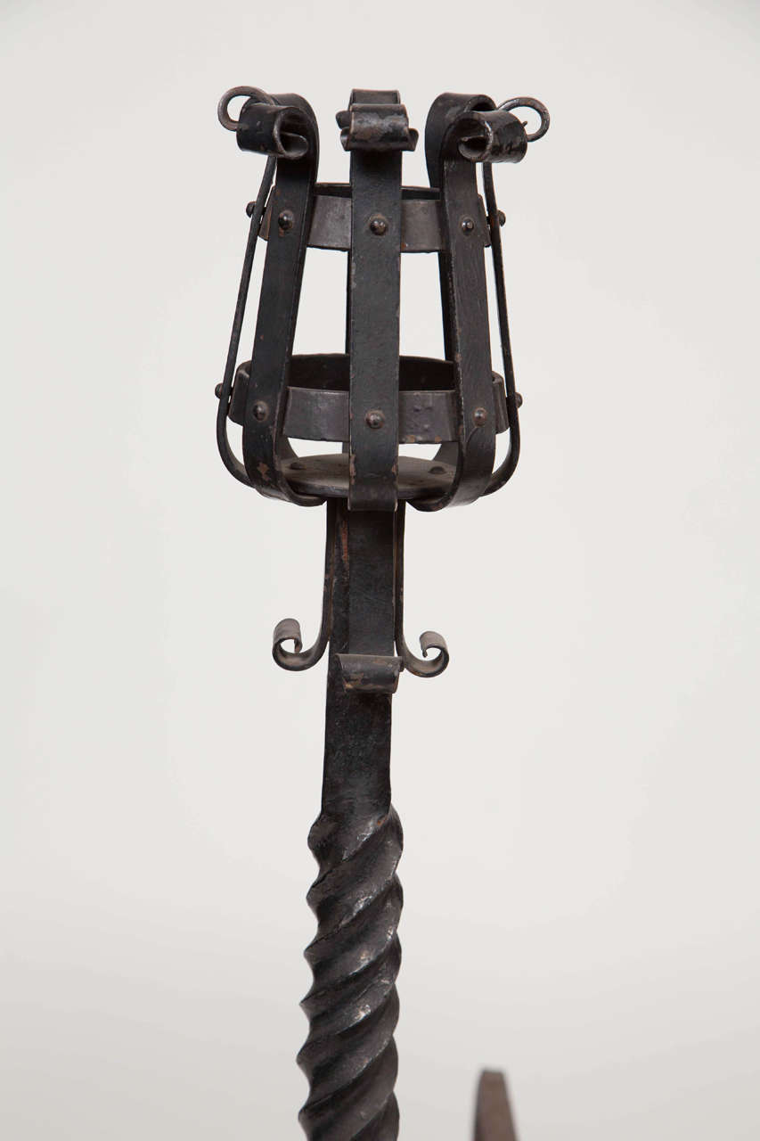 Late 17th Century 1890s Pair of Twisted Riveted Wrought Iron Andirons with Mug Holder Tops