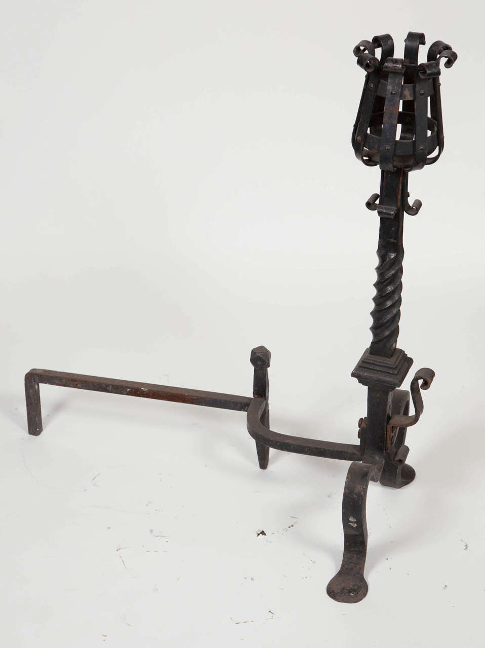 1890s Pair of Twisted Riveted Wrought Iron Andirons with Mug Holder Tops 1