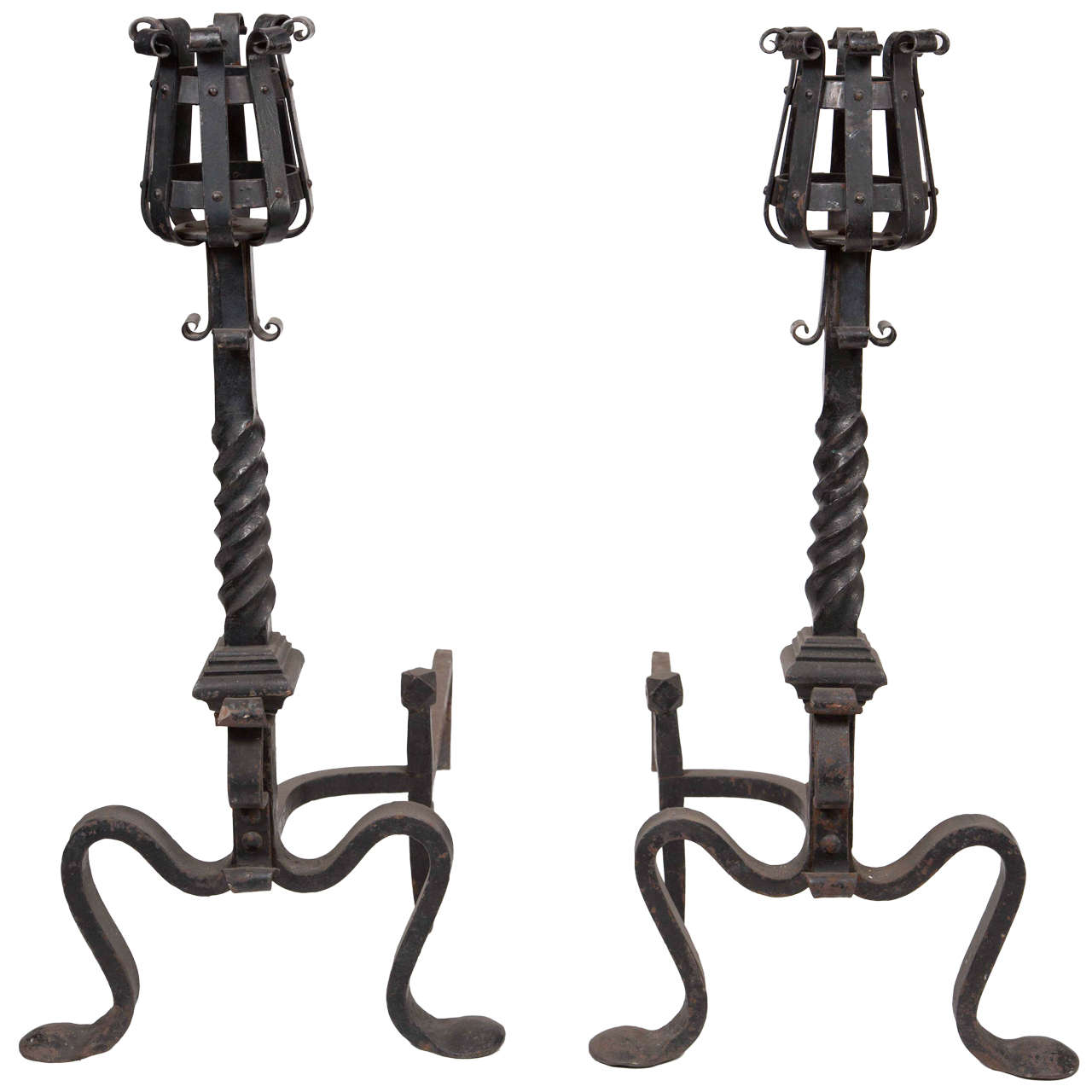 1890s Pair of Twisted Riveted Wrought Iron Andirons with Mug Holder Tops For Sale