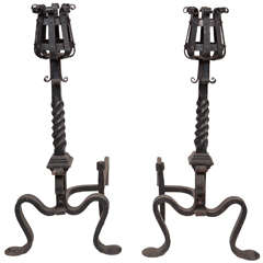 1890s Pair of Twisted Riveted Wrought Iron Andirons with Mug Holder Tops