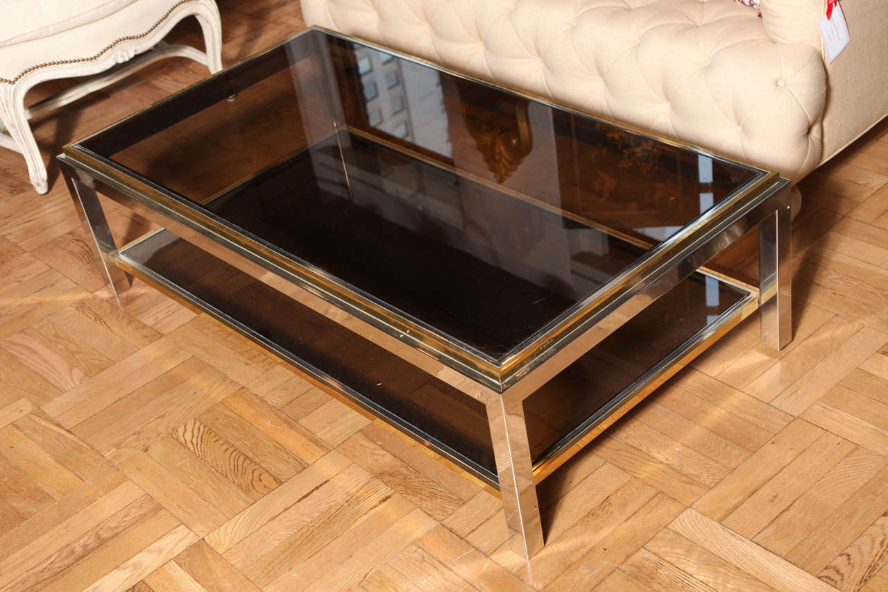 French A Maison Charles Stamped Brass, Chrome and Glass Coffee Table. France c. 1970