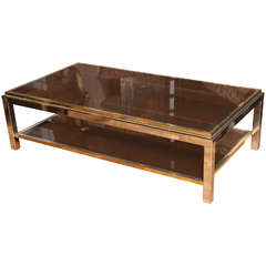 A Maison Charles Stamped Brass, Chrome and Glass Coffee Table. France c. 1970