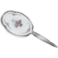 Antique Sterling Silver and Guilloche Enamel Hand Mirror
