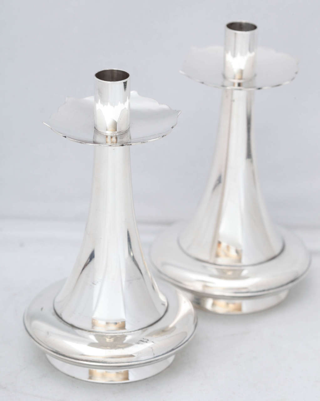 Unusual pair of Mid-Century Modern,  sterling silver candlesticks (having a Danish influence), The Gorham Corp., Providence, Rhode Island, circa 1950s. 5
