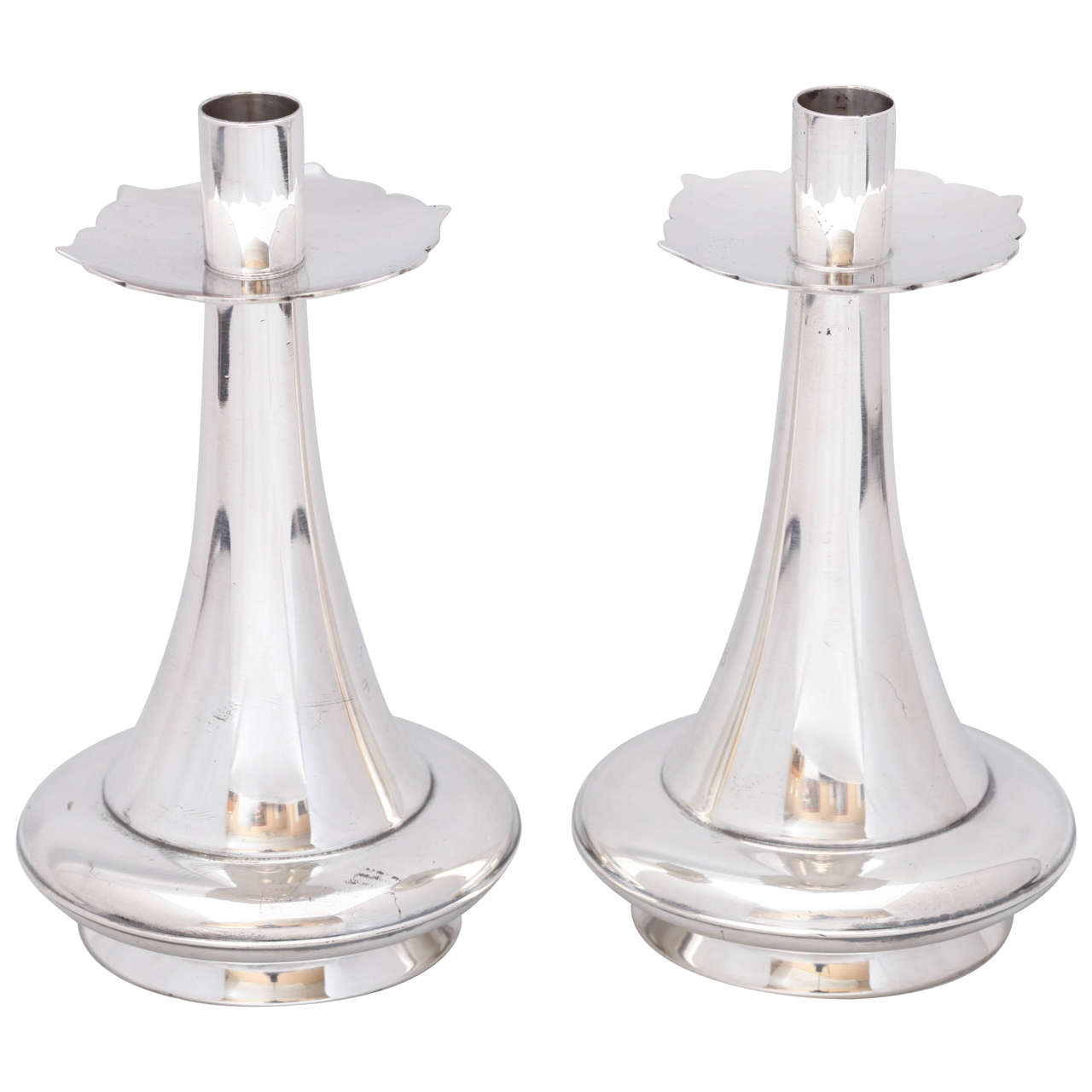 Unusual Pair of Mid-Century Modern Sterling Silver Candlesticks By Gorham