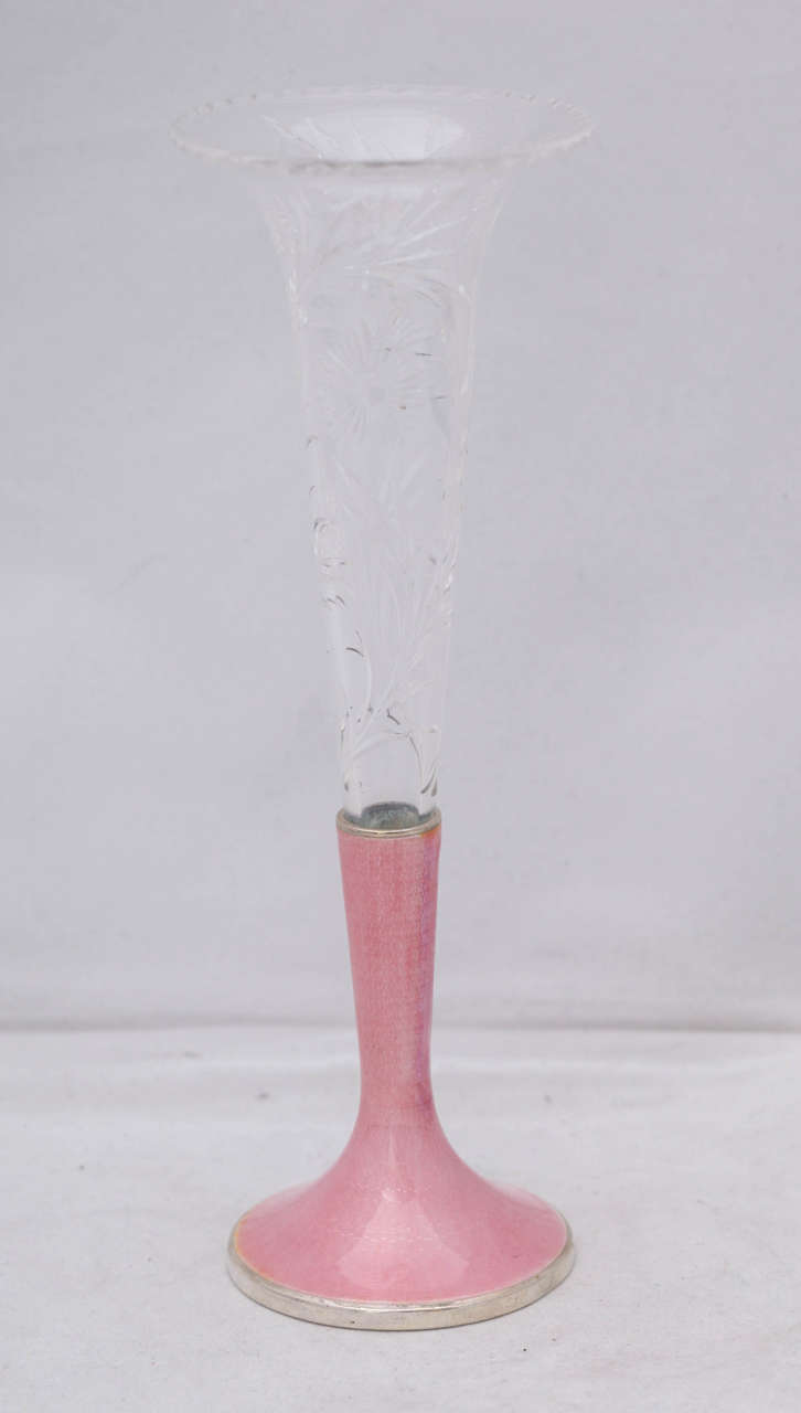 Beautiful, sterling silver, pink guilloche enamel and crystal vase, The Thomae Company, Attleboro, Massachusetts, circa 1915. @6 1/2