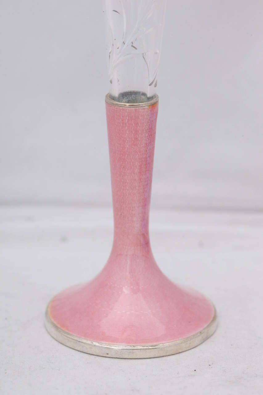 Edwardian Sterling Silver, Pink Guilloche Enamel and Wheel Cut Crystal Vase