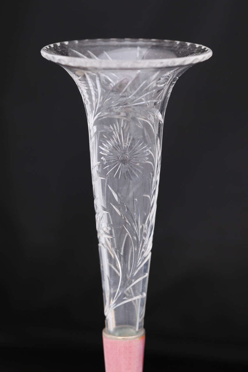 Sterling Silver, Pink Guilloche Enamel and Wheel Cut Crystal Vase In Excellent Condition In New York, NY