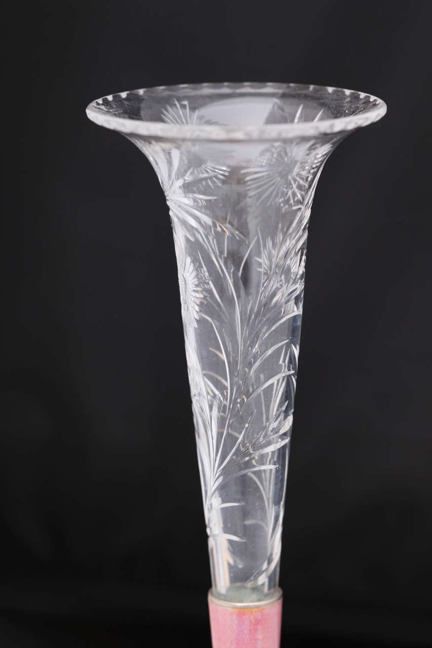 20th Century Sterling Silver, Pink Guilloche Enamel and Wheel Cut Crystal Vase