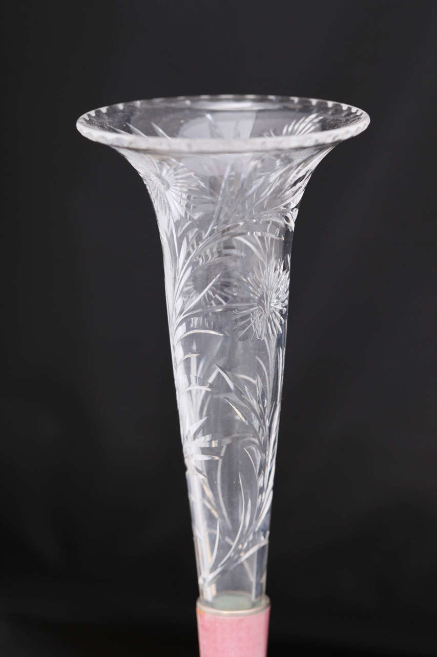 Sterling Silver, Pink Guilloche Enamel and Wheel Cut Crystal Vase 1