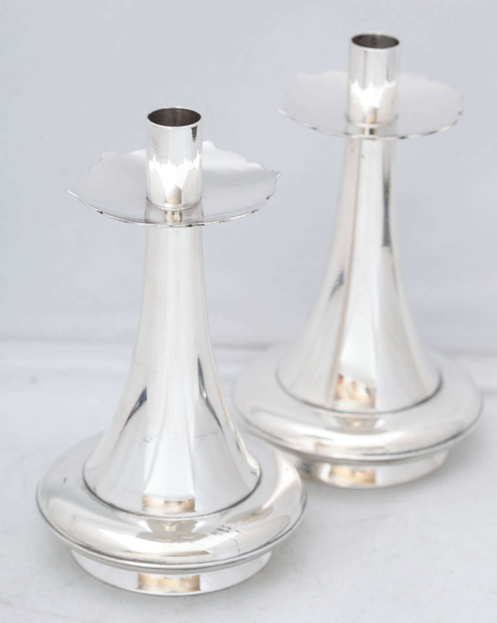 Unusual Pair of MidCentury Modern Sterling Silver Candlesticks By