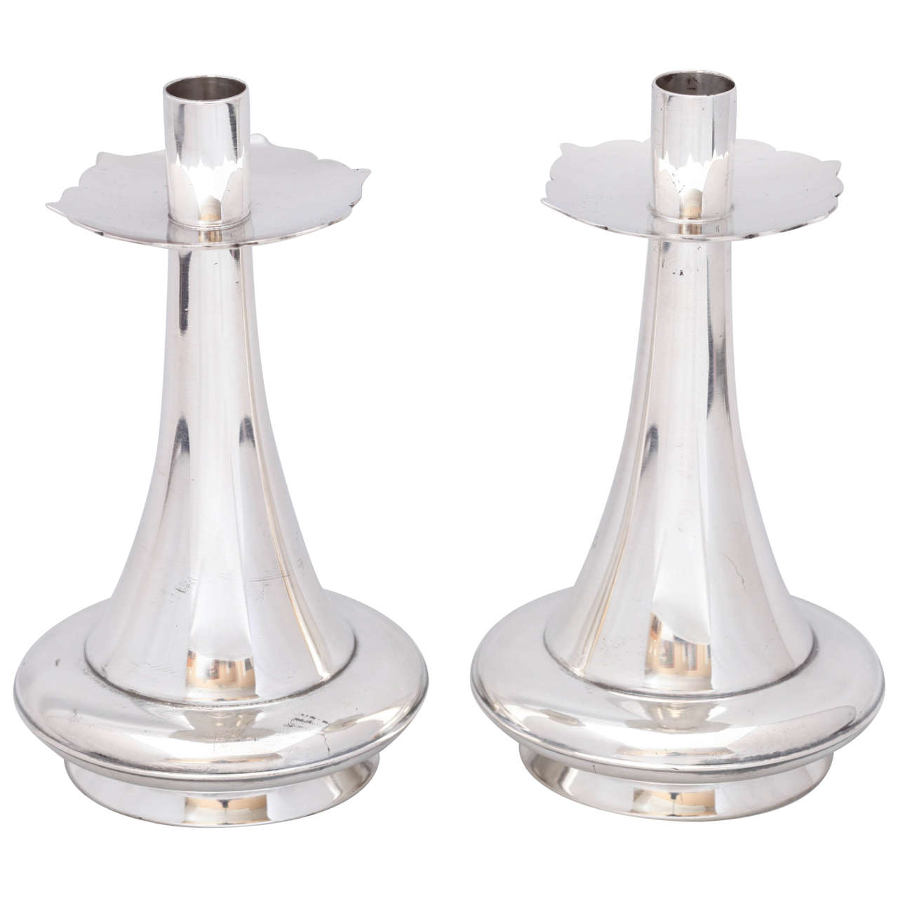 Unusual Pair of MidCentury Modern Sterling Silver Candlesticks By