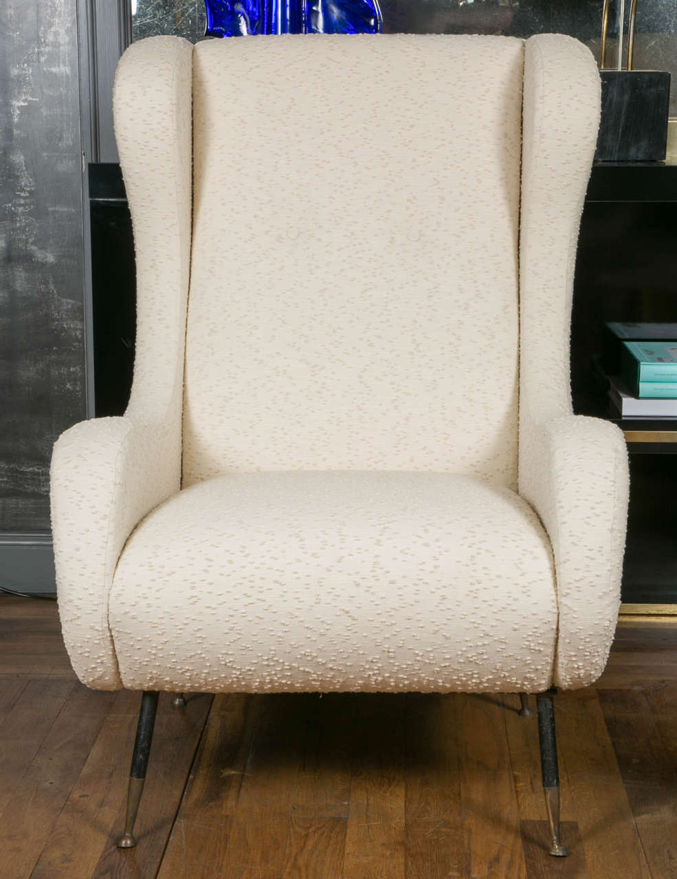 Pair of vintage armchairs, upholstered with white Rubelli fabric, black and gold feet