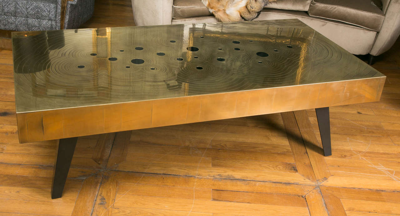 Exceptional rectangular brass coffee table, inlaid with black jade, created by the artist, unique piece.
