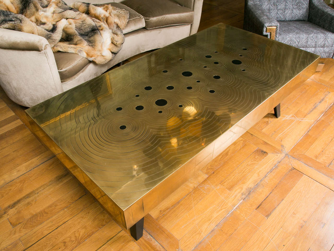 Contemporary Brass and Black Jade Stones Coffee Table