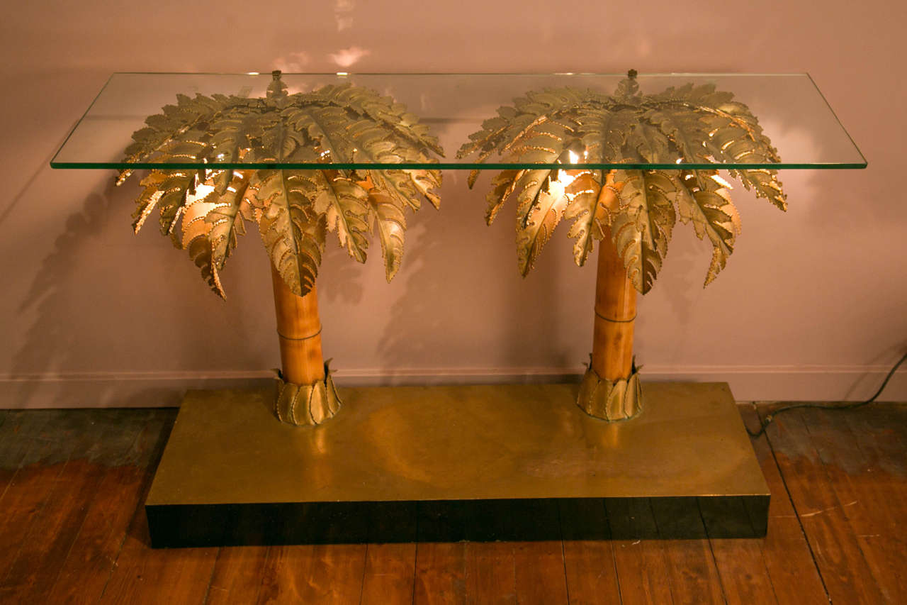 Palm tree console in lightened metal, top glass, genuine patina, by Maison Jansen