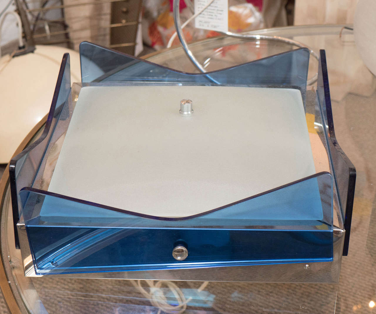 1970s Italian Blue Glass and Chrome Ceiling Fixture