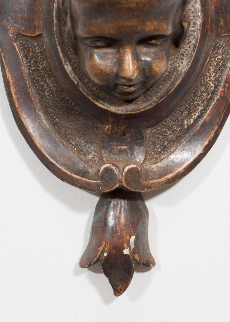 Hand-Carved 19th Century Cherubs Head Wall Sconces For Sale