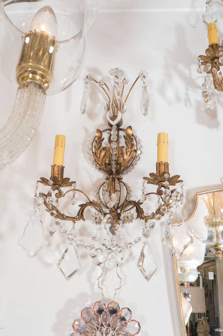 Pair of Italian 1940s Classical Gilt Iron and Crystal Sconces