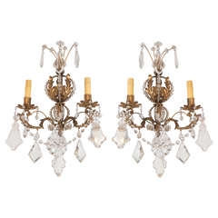 Pair of Italian 1940s Classical Gilt Iron and Crystal Sconces