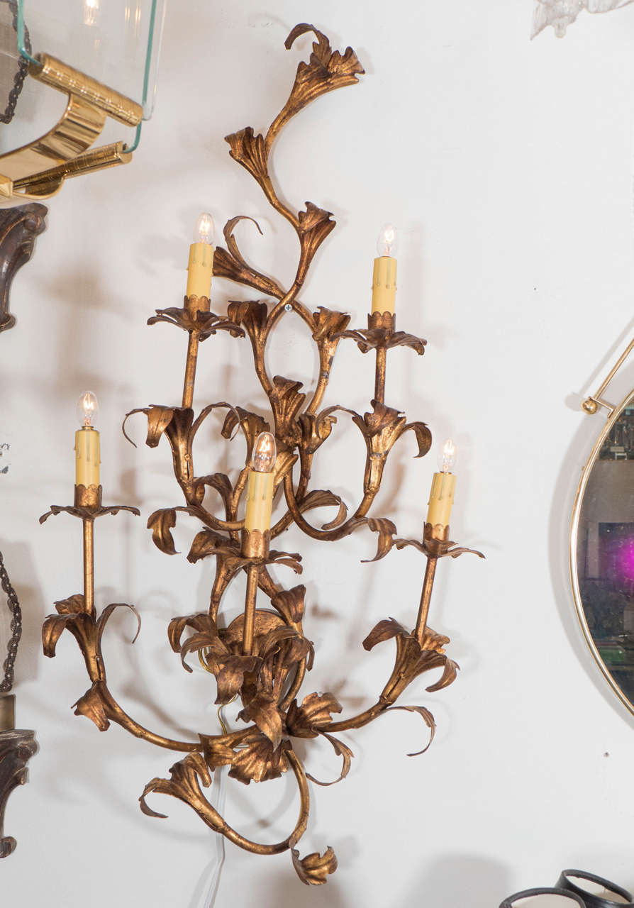 A large and decorative pair of Italian floral hand-forged gilt iron sconces circa 1950. Each holds five lights. Newly rewired with new candle dripping socket covers like the original. Located in the The Showplace Antique + Design Centre, 40 West