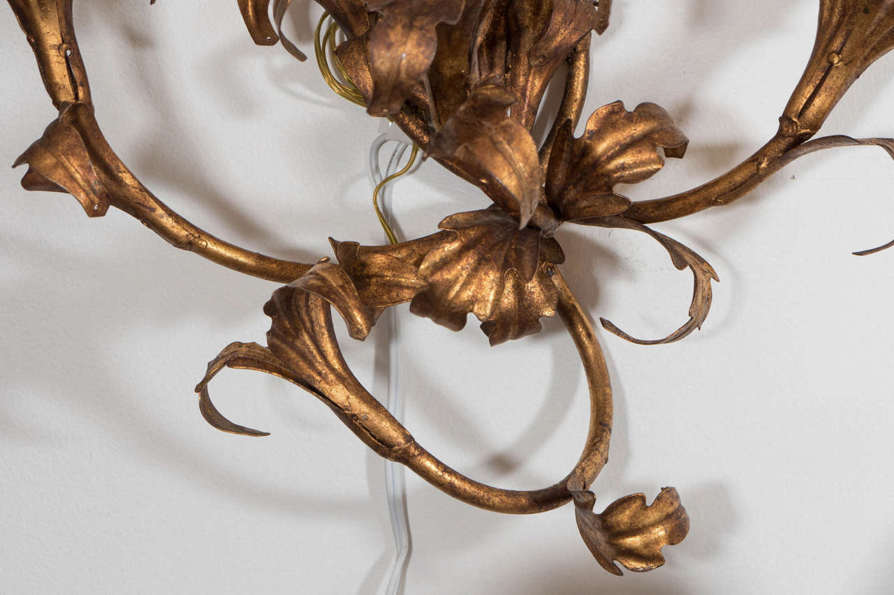 Mid-Century Modern Pair of Large 1950s Italian Gilt Iron Floral Sconces For Sale
