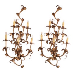 Pair of Large 1950s Italian Gilt Iron Floral Sconces