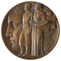 Antique French Art Deco Bronze Art Medal in High Relief