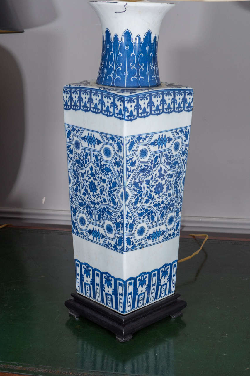 20th Century Pair of Chinese Blue and White Porcelain Vases, Wired as Lamps