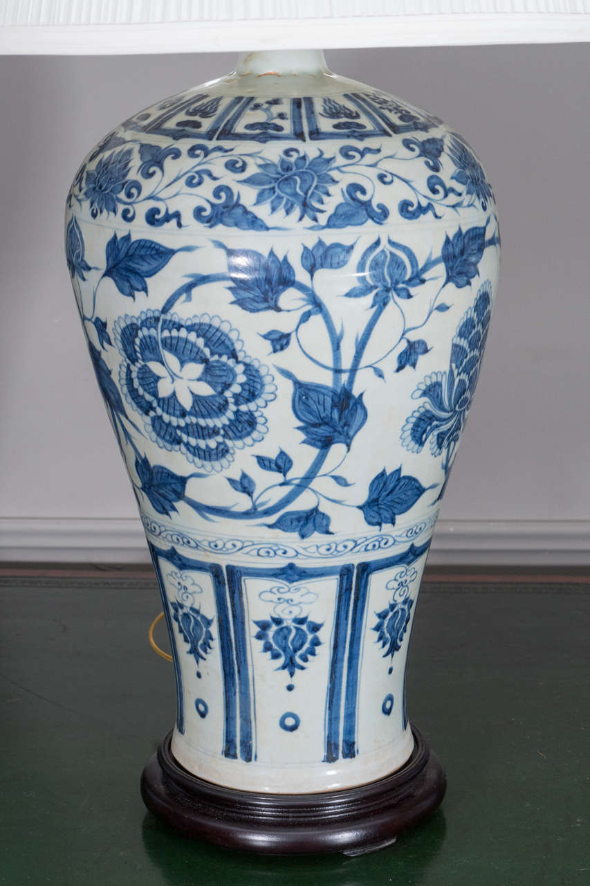 Qing Pair of Chinese Blue and White Meiping Vases, Wired as Lamps