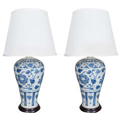 Pair of Chinese Blue and White Meiping Vases, Wired as Lamps