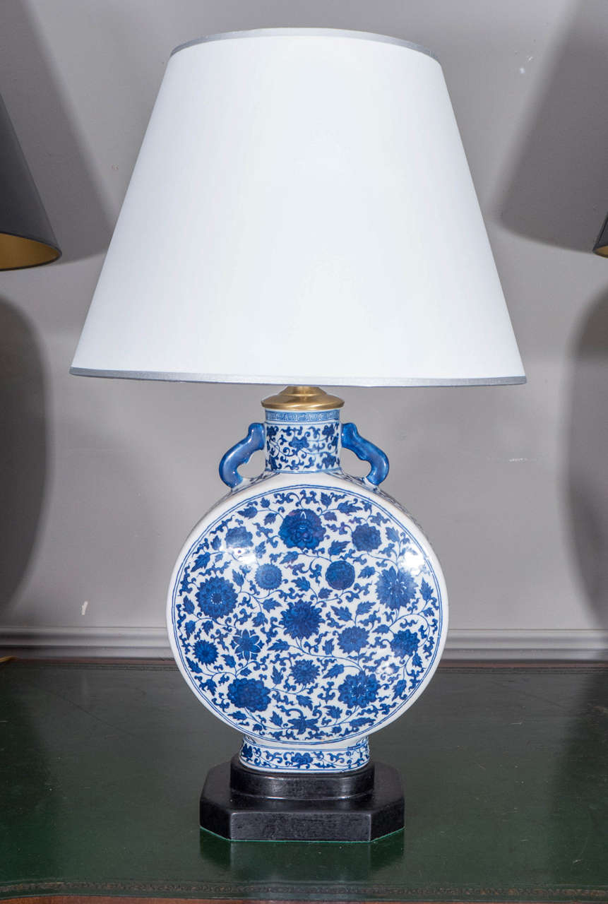 Pair of Blue and White Porcelain Moon Flask Lamps