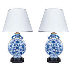 Pair of Blue and White Porcelain Moon Flask Lamps