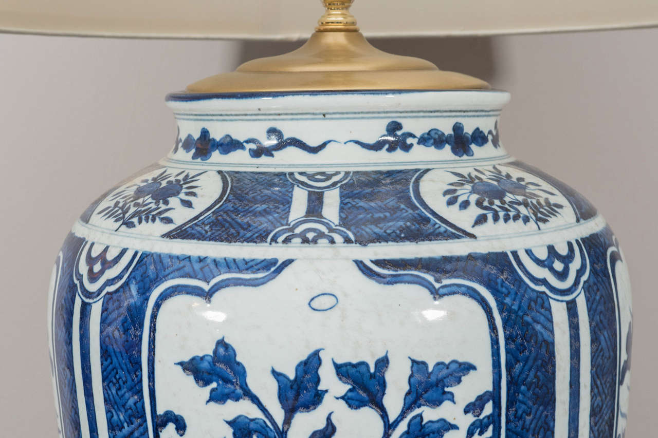 Qing Pair of Chinese Blue and White Porcelain Jars, Wired as Lamps