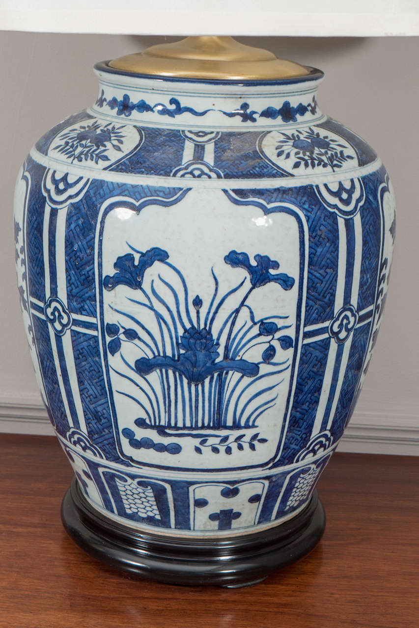 20th Century Pair of Chinese Blue and White Porcelain Jars, Wired as Lamps
